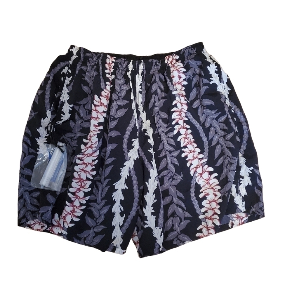 SPEEDO Swim Trunks Mens XL Black Floral Vines Leis Elastic Waist Liner Pockets‎